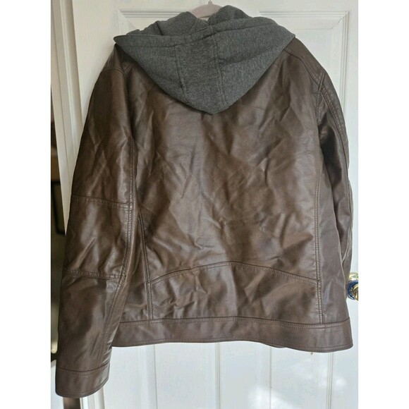GUESS Mens Faux Leather Hooded Moto Jacket Brown XXL Zip Hood Wind Water Resist - Picture 4 of 16